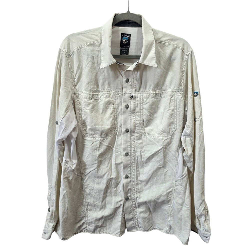 KUHL Mens M White Nylon Hiking Fishing Button Up Shirt Long Sleeve Roll Tab